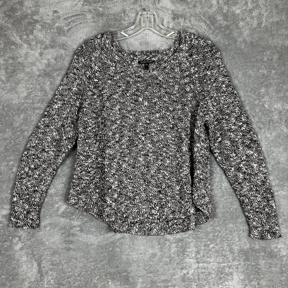Eileen Fisher Sweater‎ Womens L Black White Heathered Textured Linen Blend